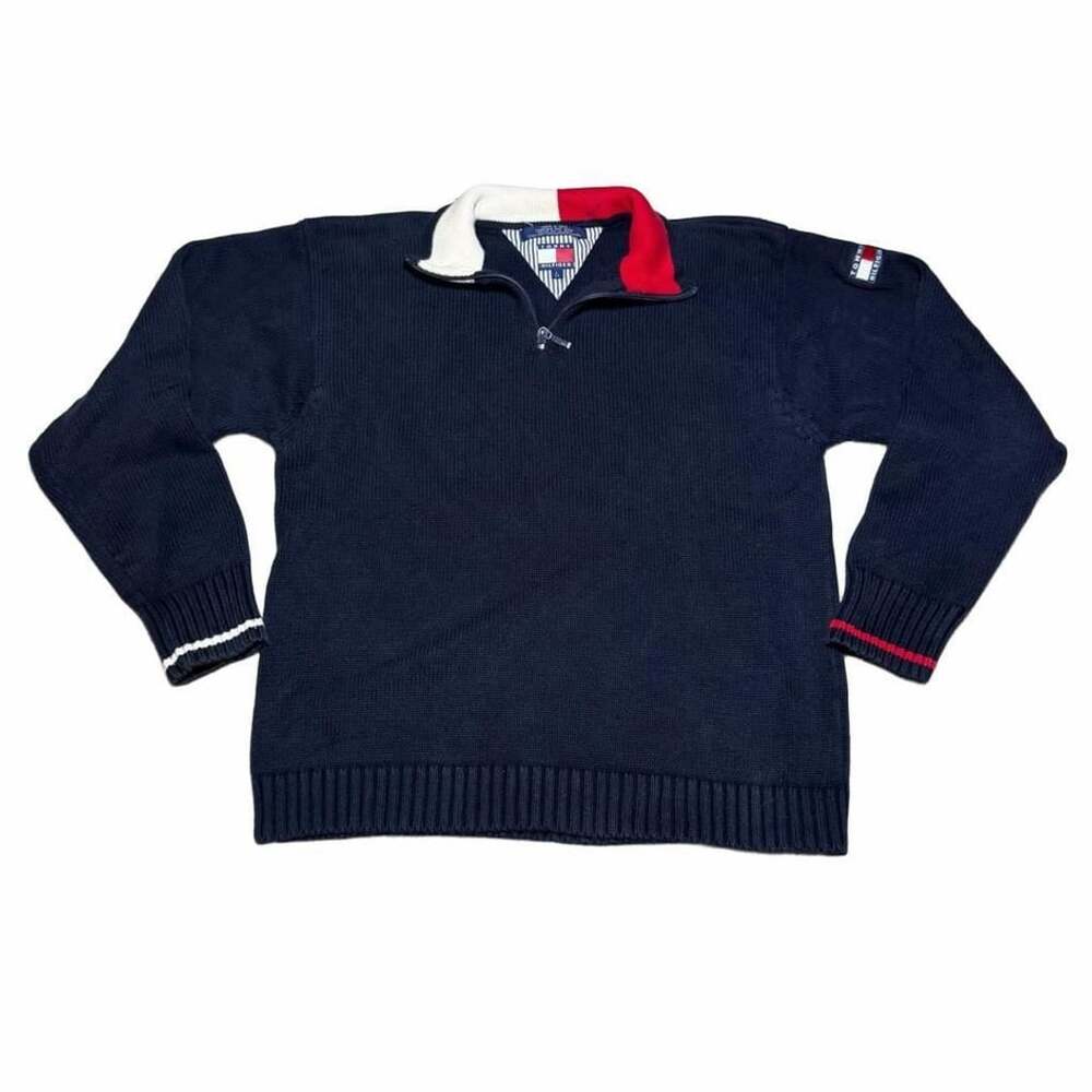 90’s Vintage Tommy Hilfiger 1/4 Zip Knit Navy Blue Cotton Colorblock Pullover